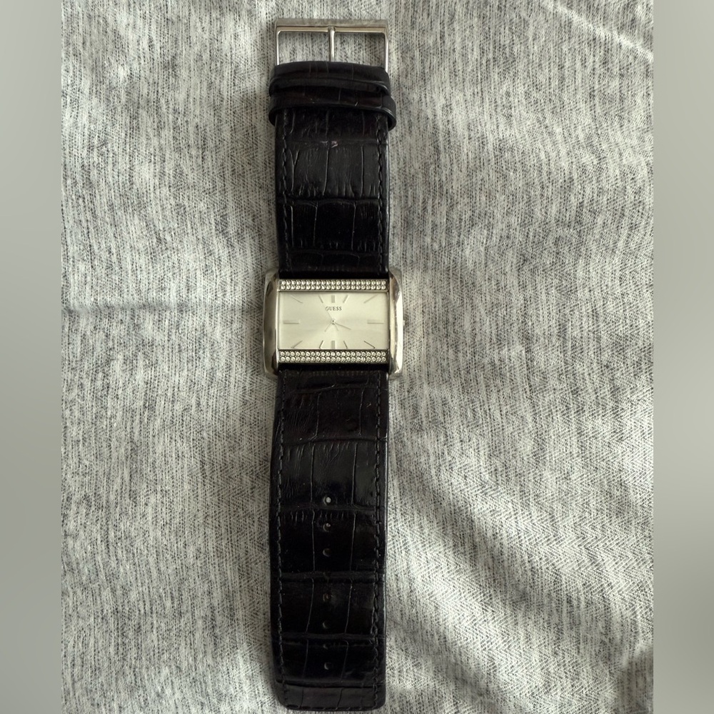 Guess Silver Dial Black Leather Watch